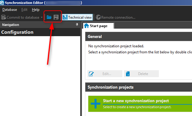 Synchronization Editor ( Help *Commit to database • Navigation Configuration G Remote connection... Start page General No synchronization project loaded. Select a synchronization project from the list below by double clic Delete Synchronization projects Start a new synchronization project Select to create a new synchronization project. 